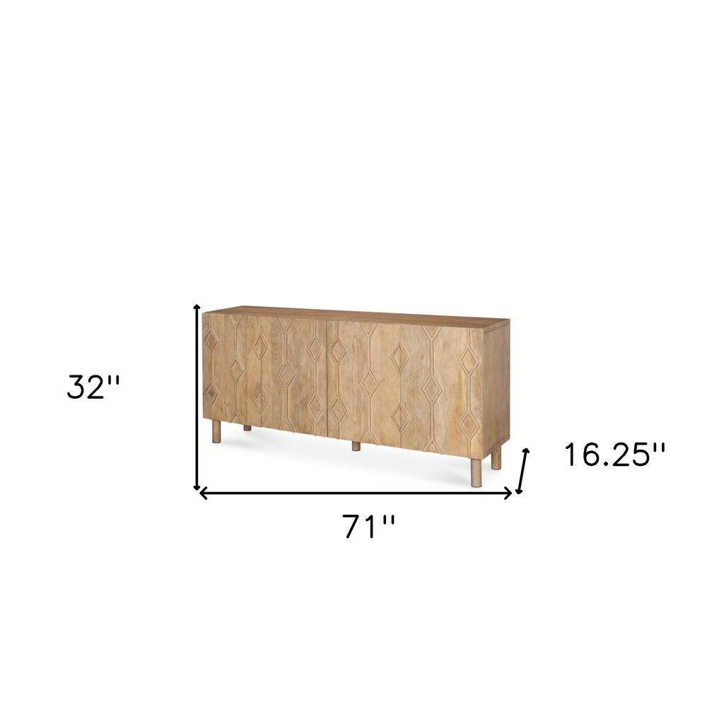 Light Brown Solid Wood Carved Geometric Sideboard Soft Close with Four Doors
