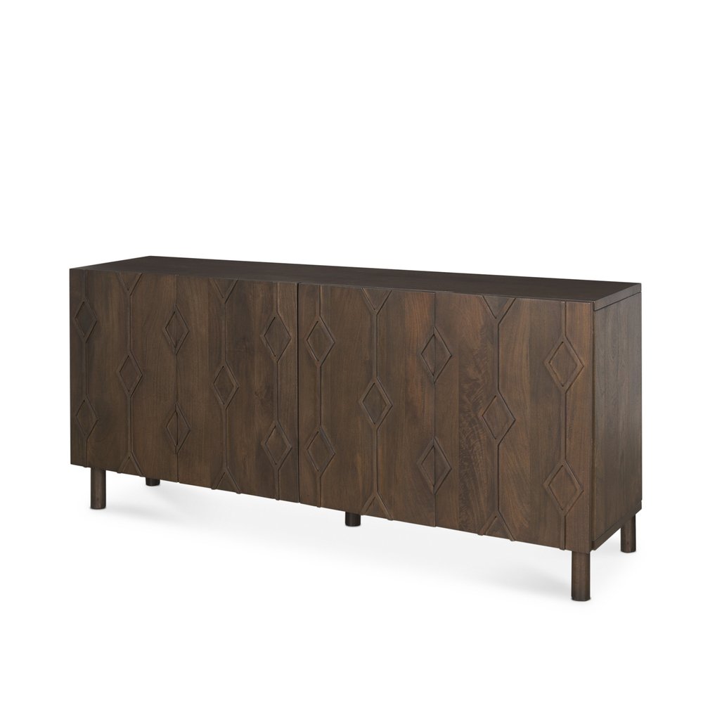 Dark Brown Solid Wood Carved Geometric Sideboard Soft Close with Four Doors