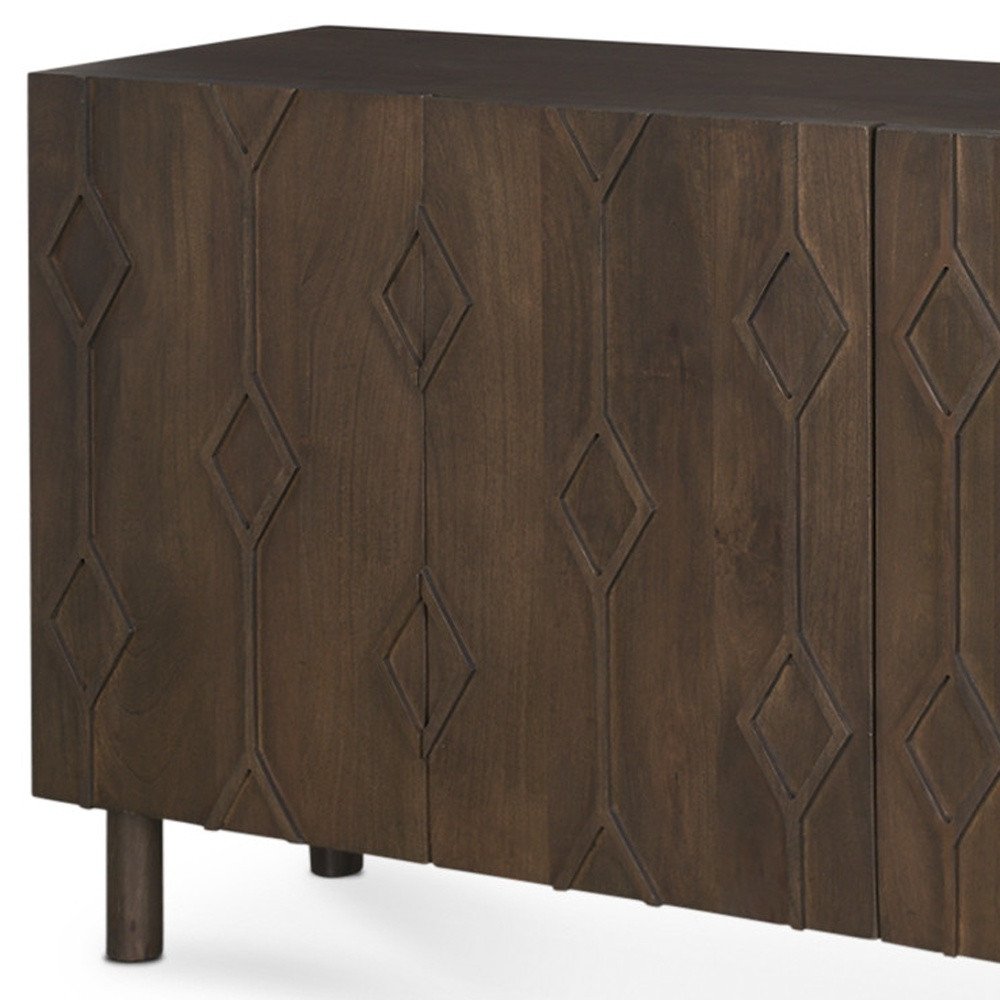 Dark Brown Solid Wood Carved Geometric Sideboard Soft Close with Four Doors