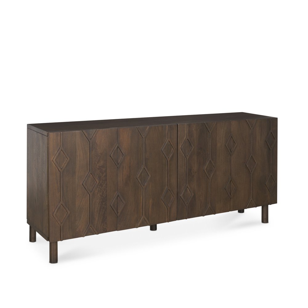 Dark Brown Solid Wood Carved Geometric Sideboard Soft Close with Four Doors