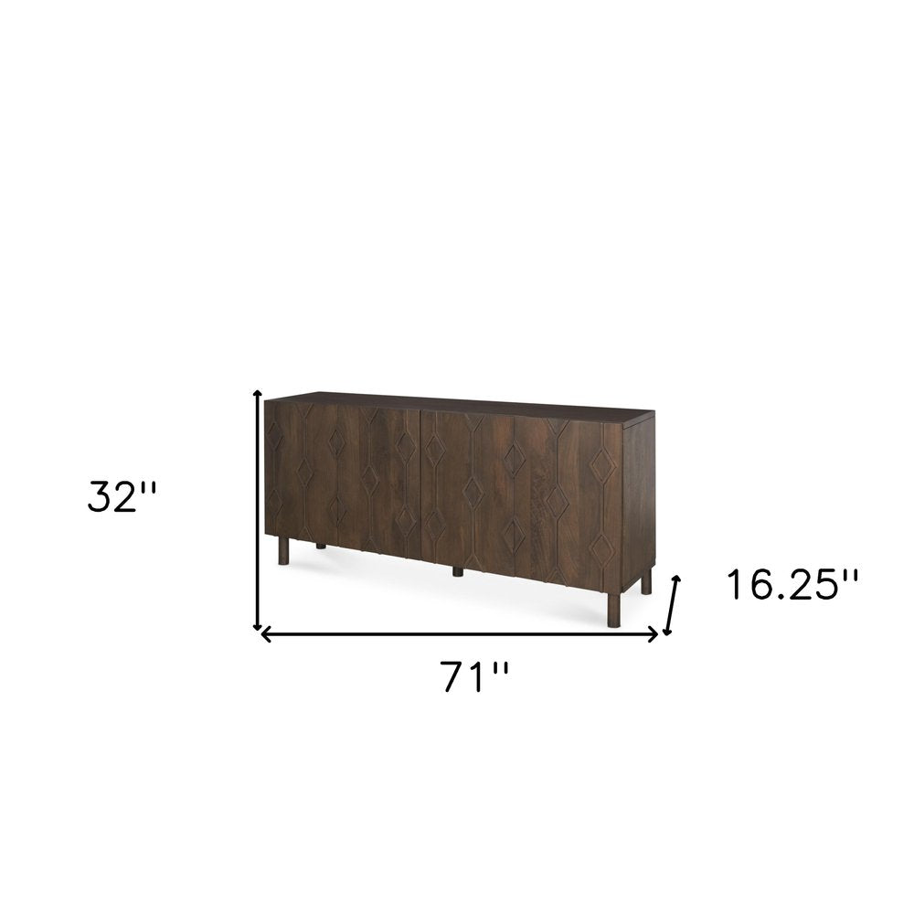 Dark Brown Solid Wood Carved Geometric Sideboard Soft Close with Four Doors