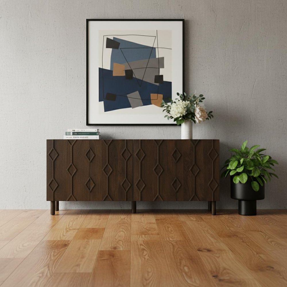 Dark Brown Solid Wood Carved Geometric Sideboard Soft Close with Four Doors