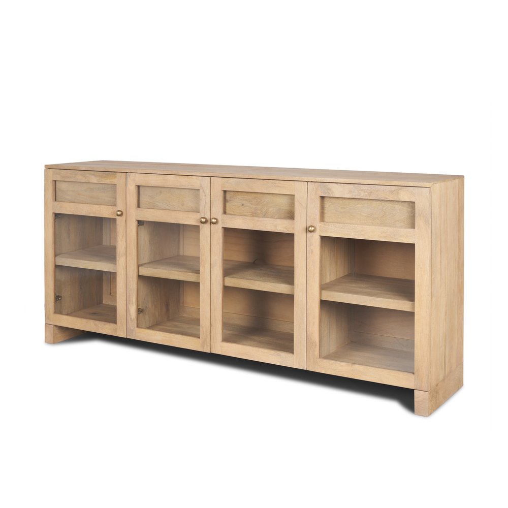 Light Brown Solid Wood Three Drawer Sideboard Soft Close with Four Glass Doors