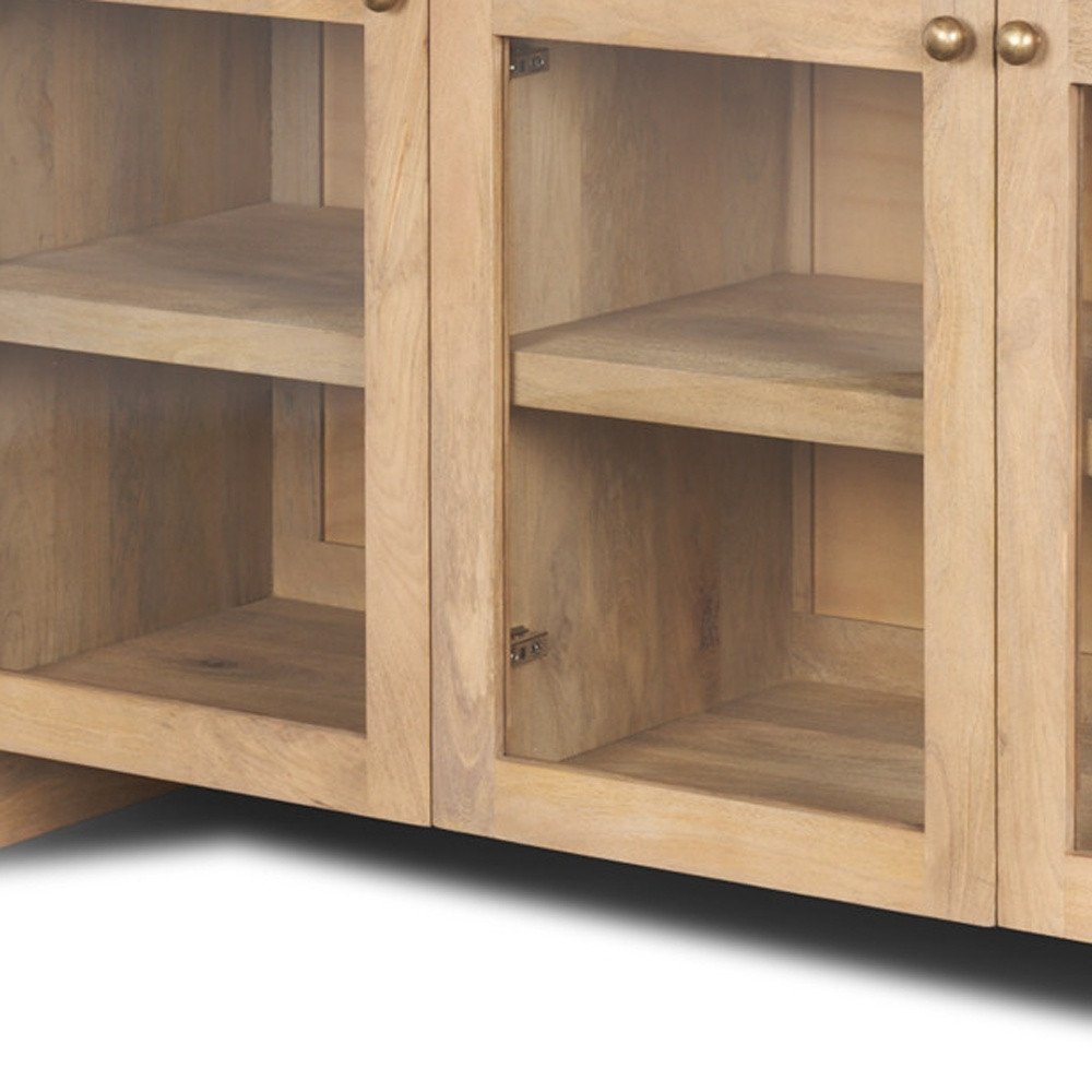 Light Brown Solid Wood Three Drawer Sideboard Soft Close with Four Glass Doors