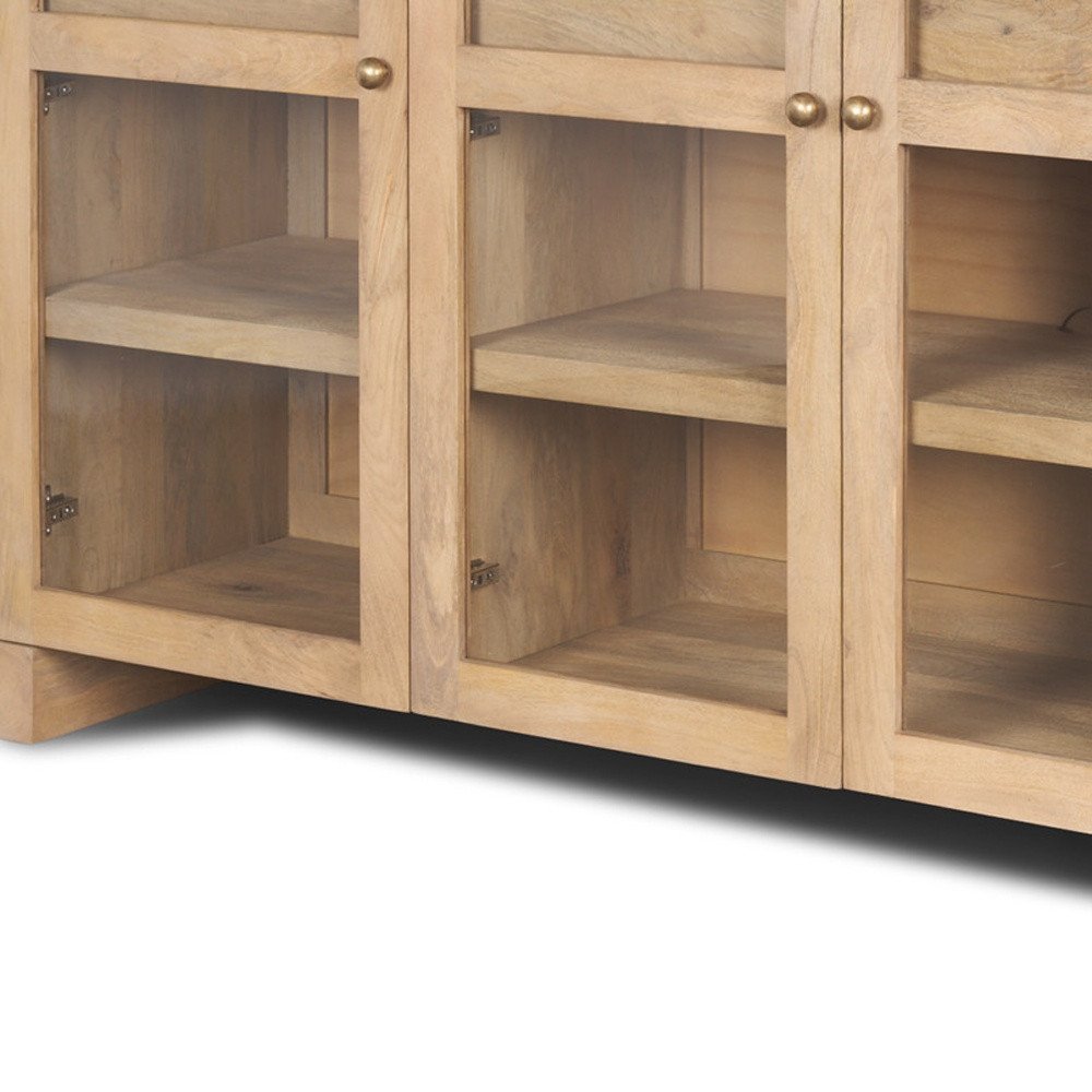 Light Brown Solid Wood Three Drawer Sideboard Soft Close with Four Glass Doors