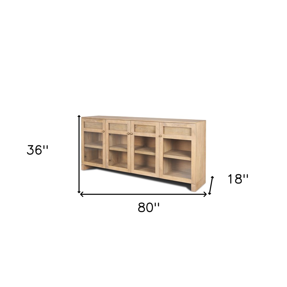Light Brown Solid Wood Three Drawer Sideboard Soft Close with Four Glass Doors