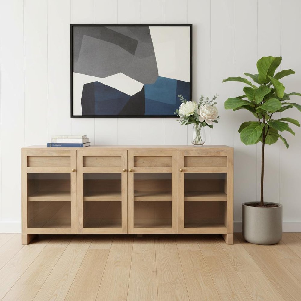 Light Brown Solid Wood Three Drawer Sideboard Soft Close with Four Glass Doors
