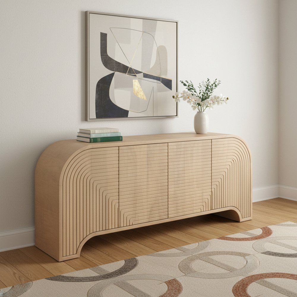 Natural Solid Wood Ribbed Texture Sideboard with Four Doors - 72-inch