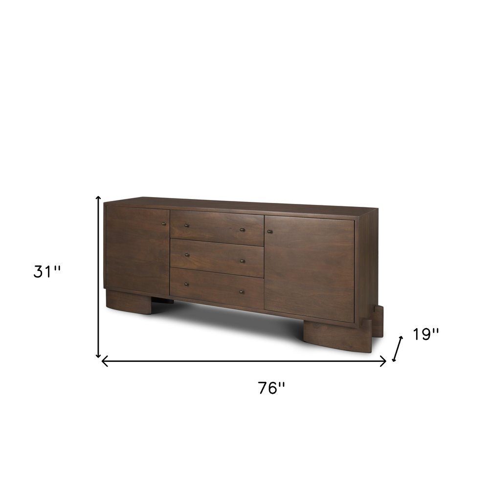 Brown Solid Wood Three Drawer Sideboard Soft Close with Two Doors - 76-inch