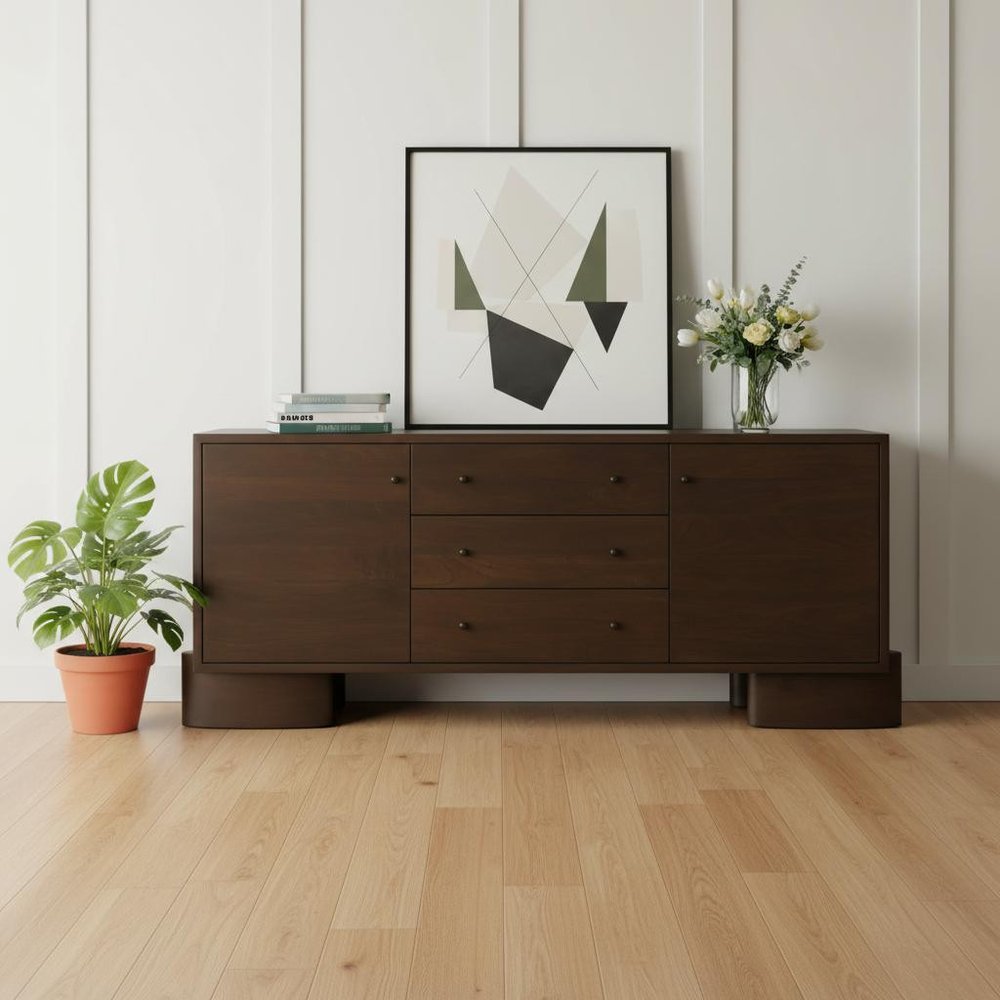 Brown Solid Wood Three Drawer Sideboard Soft Close with Two Doors - 76-inch