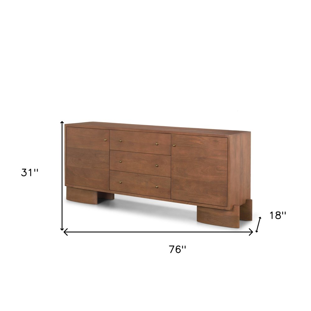 Brown Solid Wood Three Drawer Sideboard Soft Close with Two Doors - 76-inch