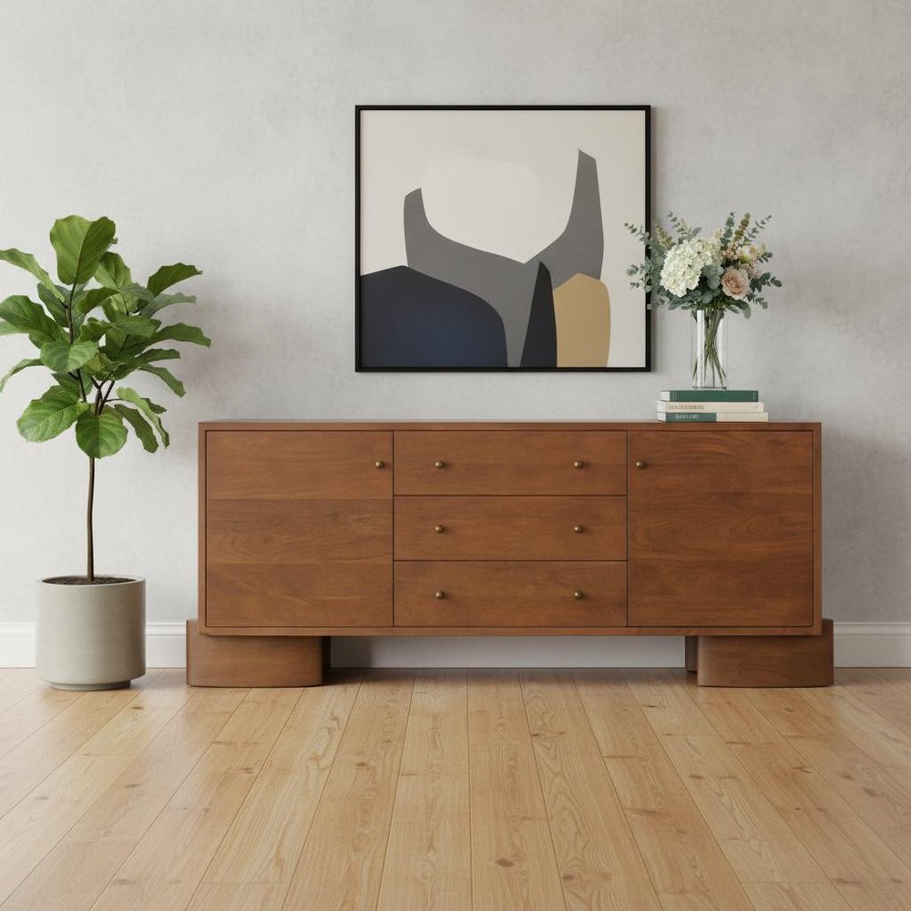 Brown Solid Wood Three Drawer Sideboard Soft Close with Two Doors - 76-inch