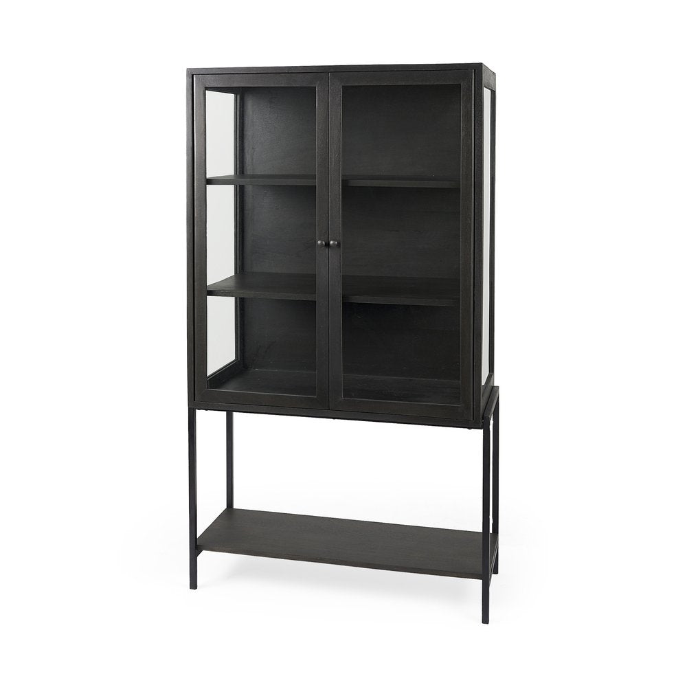Black Solid Wood and Metal Display Cabinet with Two Doors - 36-inch