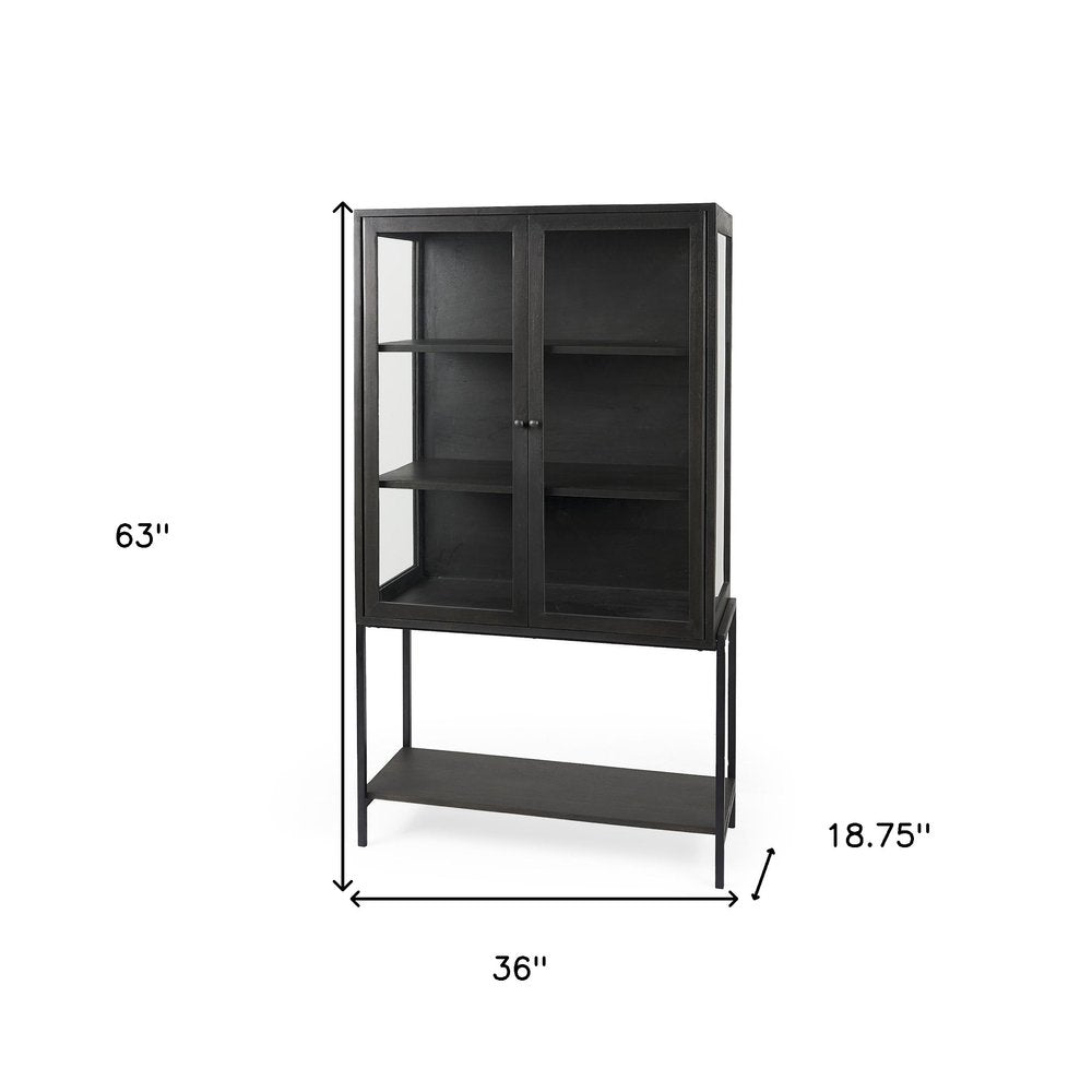 Black Solid Wood and Metal Display Cabinet with Two Doors - 36-inch