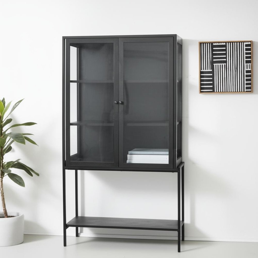 Black Solid Wood and Metal Display Cabinet with Two Doors - 36-inch