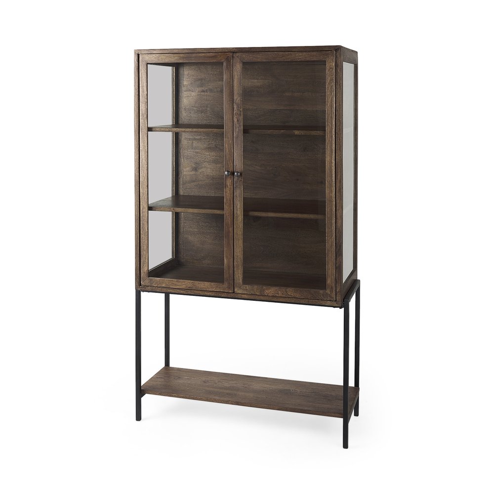 Brown and Black Solid Wood and Metal Display Cabinet with Two Doors - 36-inch