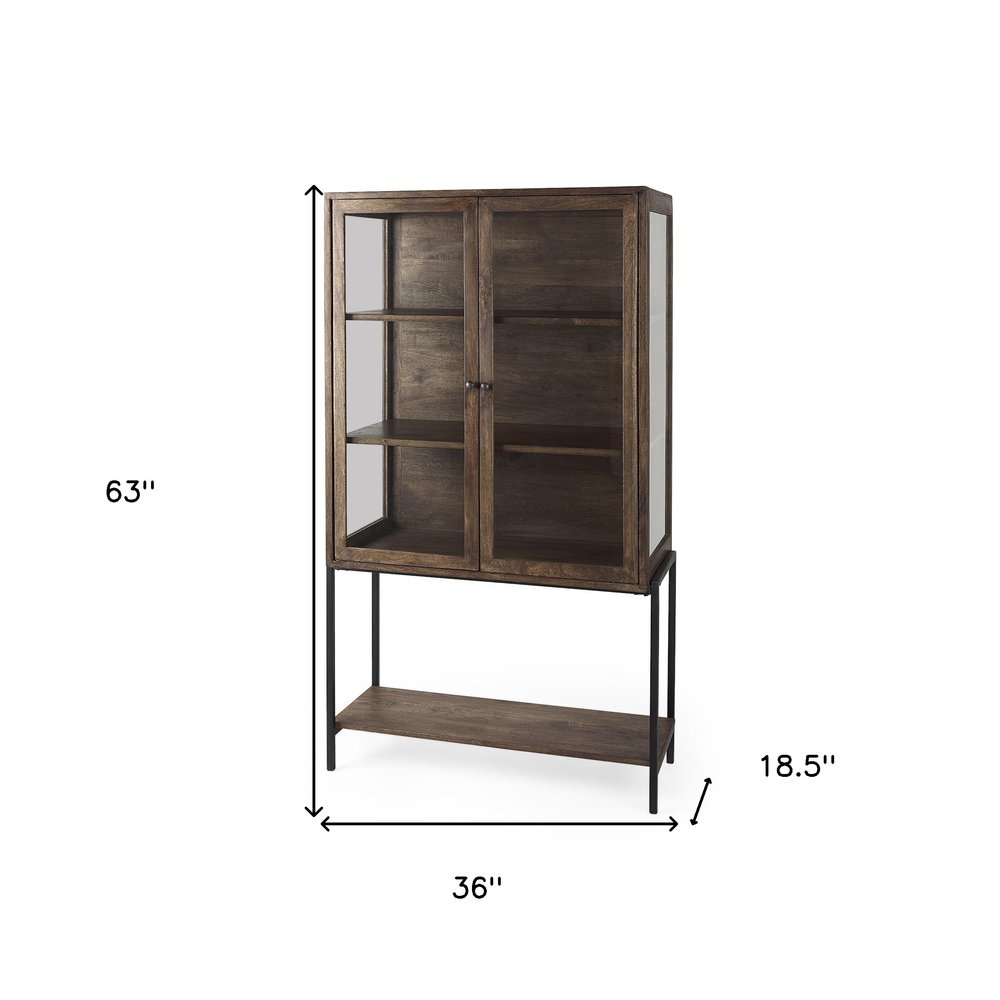 Brown and Black Solid Wood and Metal Display Cabinet with Two Doors - 36-inch
