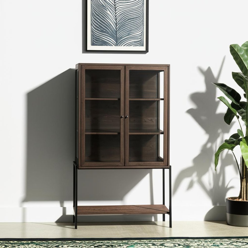 Brown and Black Solid Wood and Metal Display Cabinet with Two Doors - 36-inch
