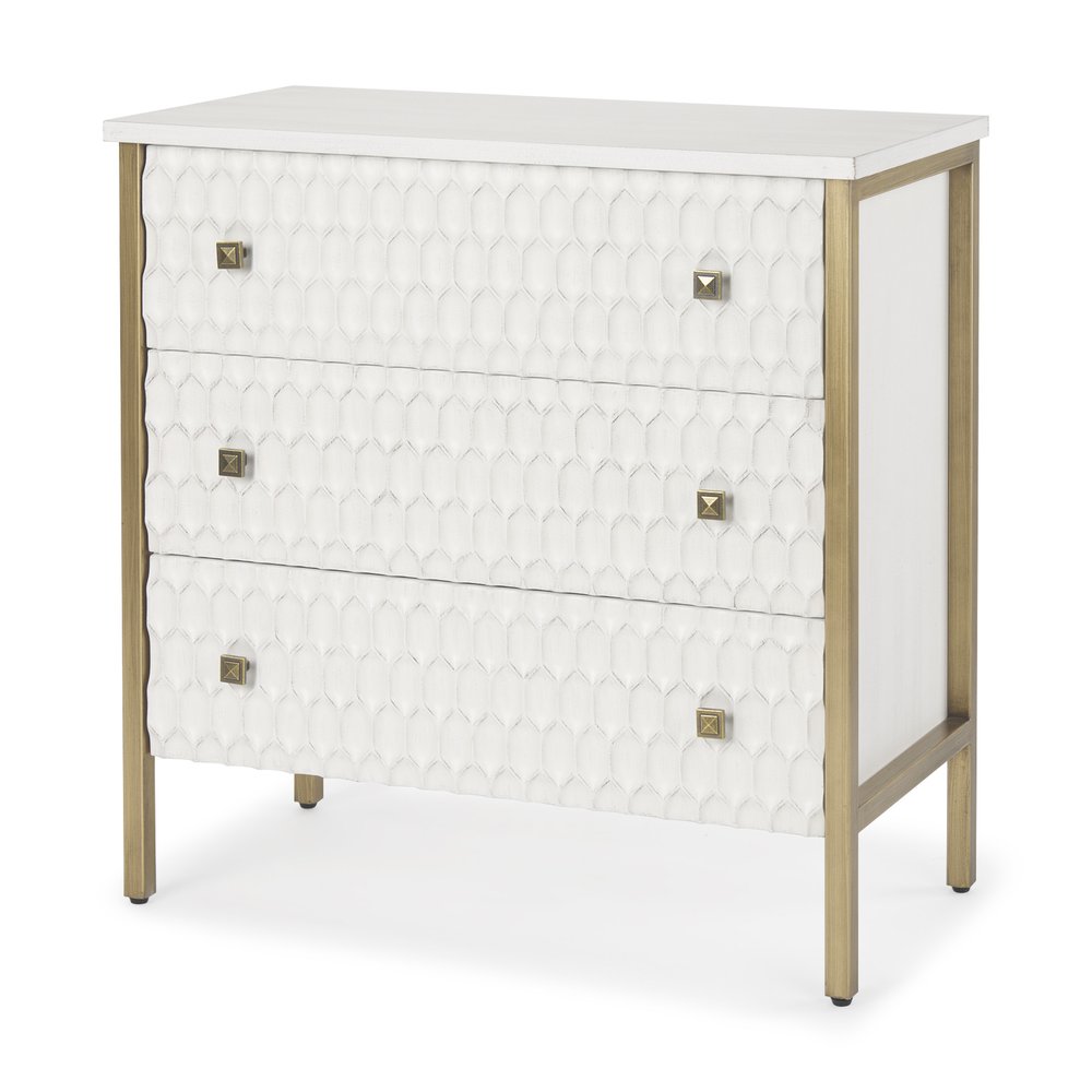 White and Gold Wood and Metal Carved Geometric Accent Cabinet with Three Drawers