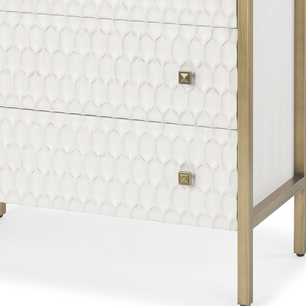 White and Gold Wood and Metal Carved Geometric Accent Cabinet with Three Drawers