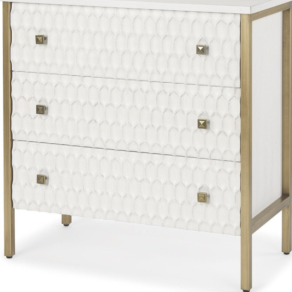 White and Gold Wood and Metal Carved Geometric Accent Cabinet with Three Drawers