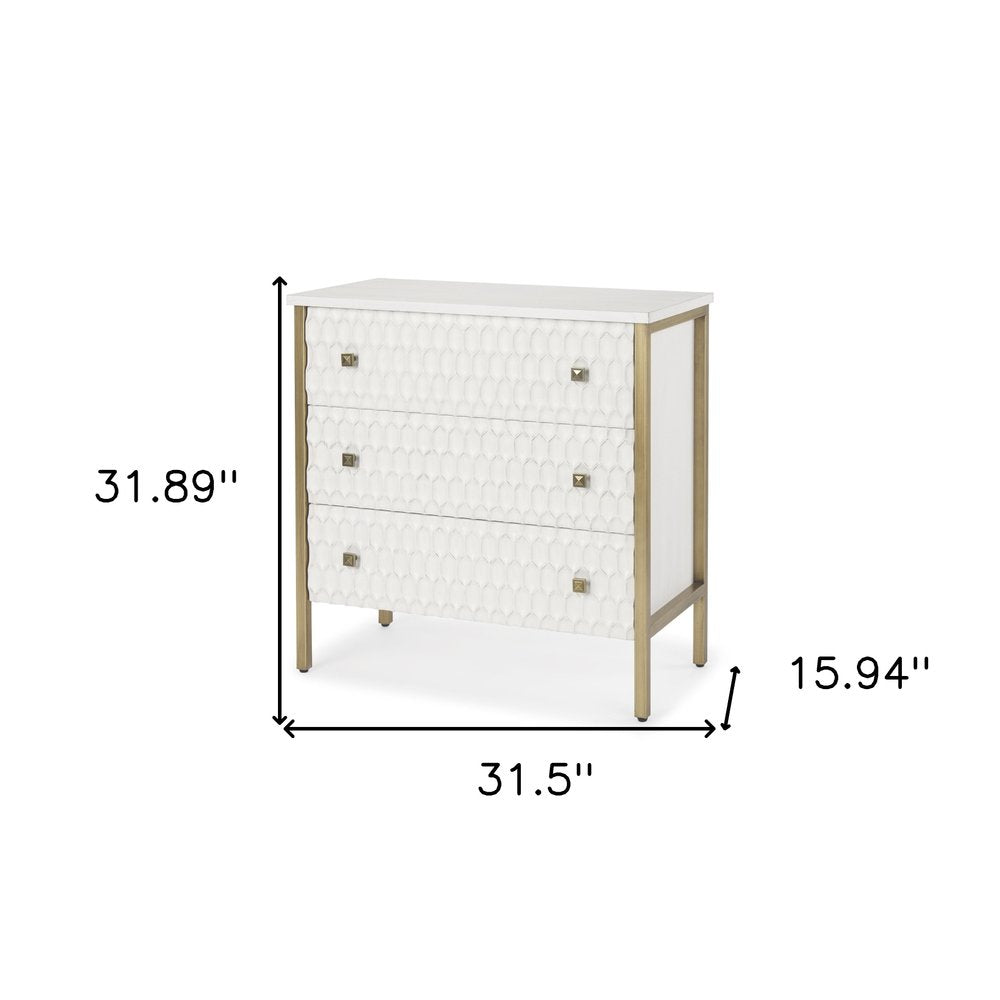 White and Gold Wood and Metal Carved Geometric Accent Cabinet with Three Drawers