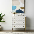 White and Gold Wood and Metal Carved Geometric Accent Cabinet with Three Drawers