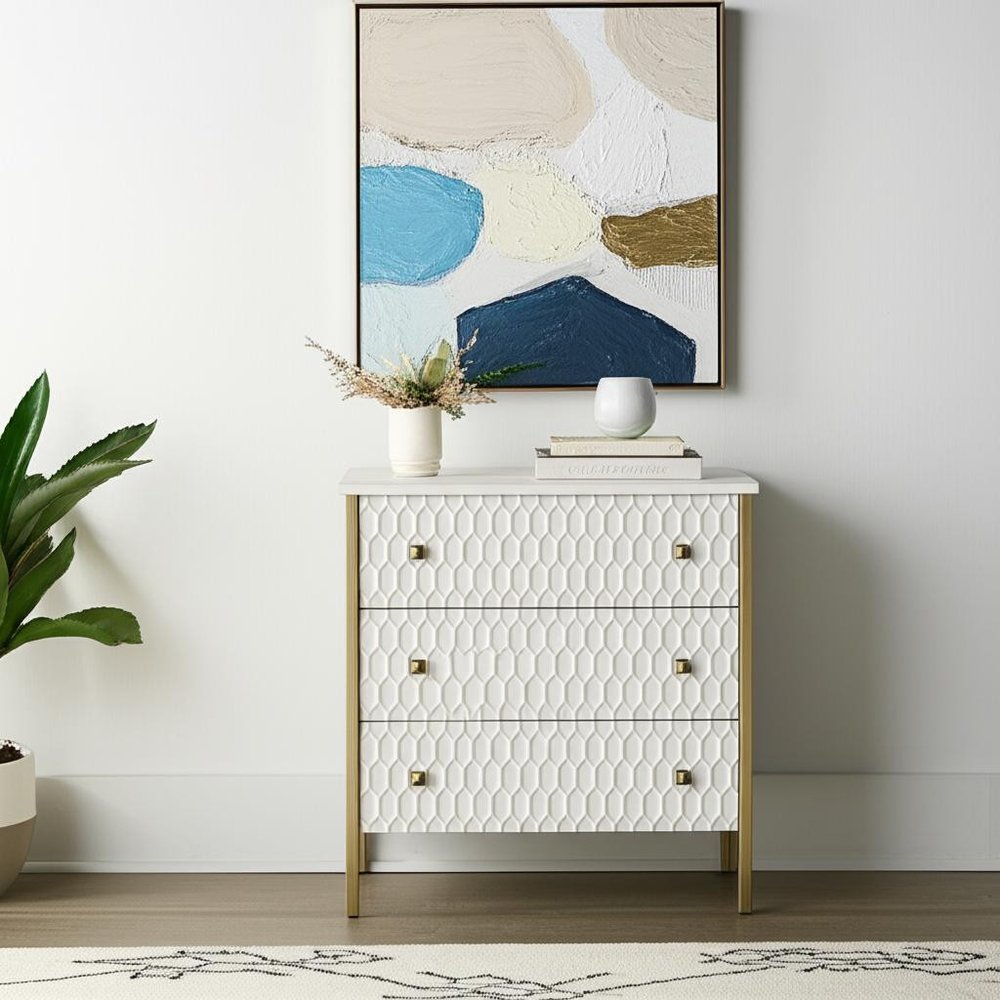White and Gold Wood and Metal Carved Geometric Accent Cabinet with Three Drawers