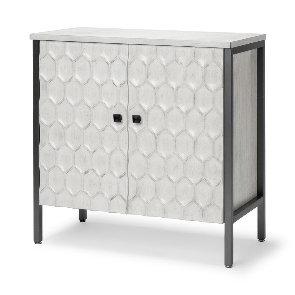 White and Gray Wood and Metal Carved Geometric Accent Cabinet with Two Doors