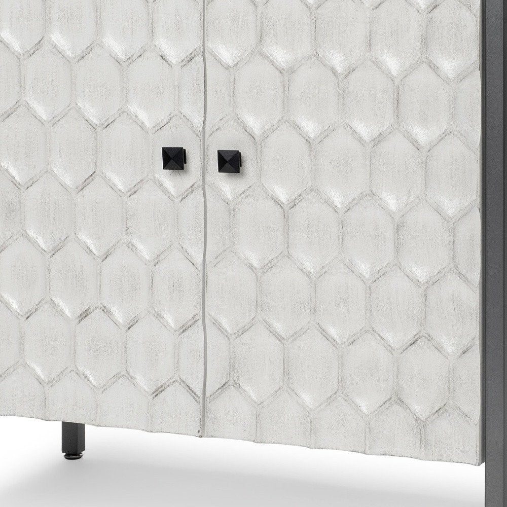 White and Gray Wood and Metal Carved Geometric Accent Cabinet with Two Doors