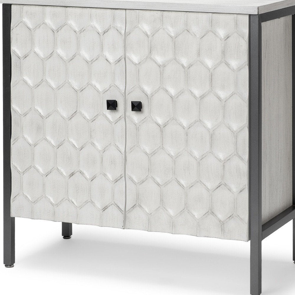 White and Gray Wood and Metal Carved Geometric Accent Cabinet with Two Doors