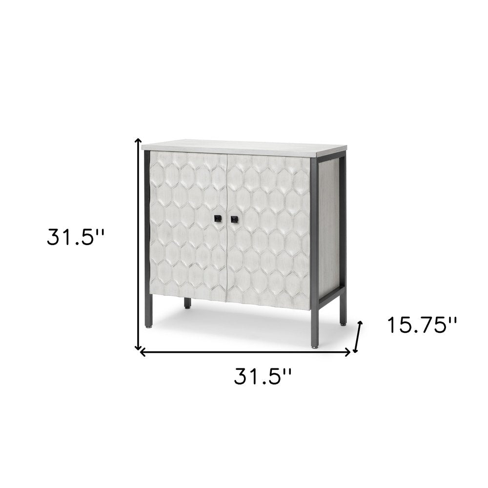 White and Gray Wood and Metal Carved Geometric Accent Cabinet with Two Doors