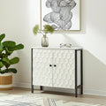 White and Gray Wood and Metal Carved Geometric Accent Cabinet with Two Doors