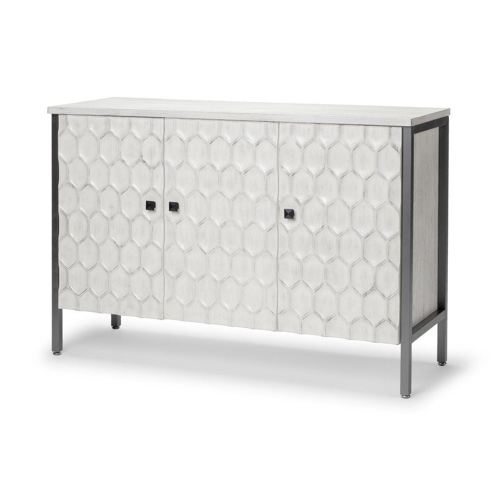 White and Gray Wood and Metal Carved Geometric Accent Cabinet with Three Doors