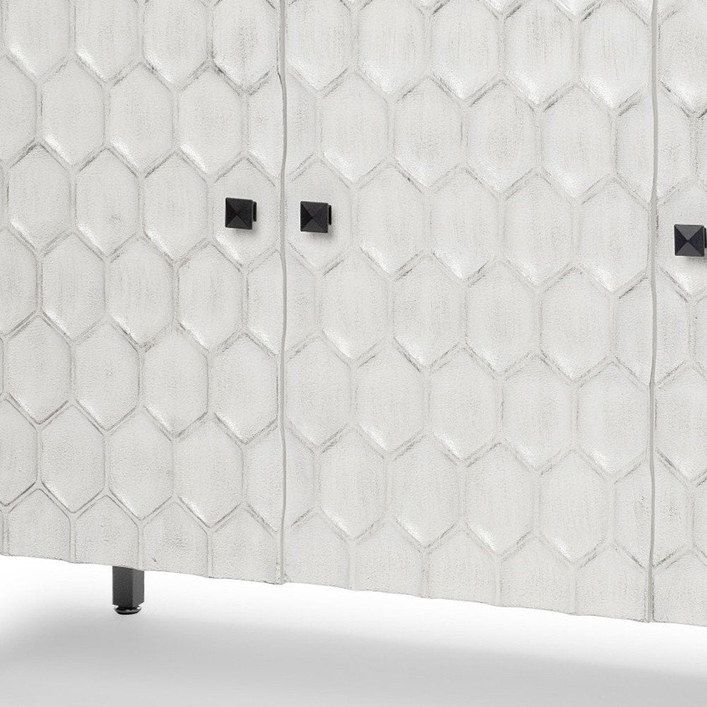 White and Gray Wood and Metal Carved Geometric Accent Cabinet with Three Doors