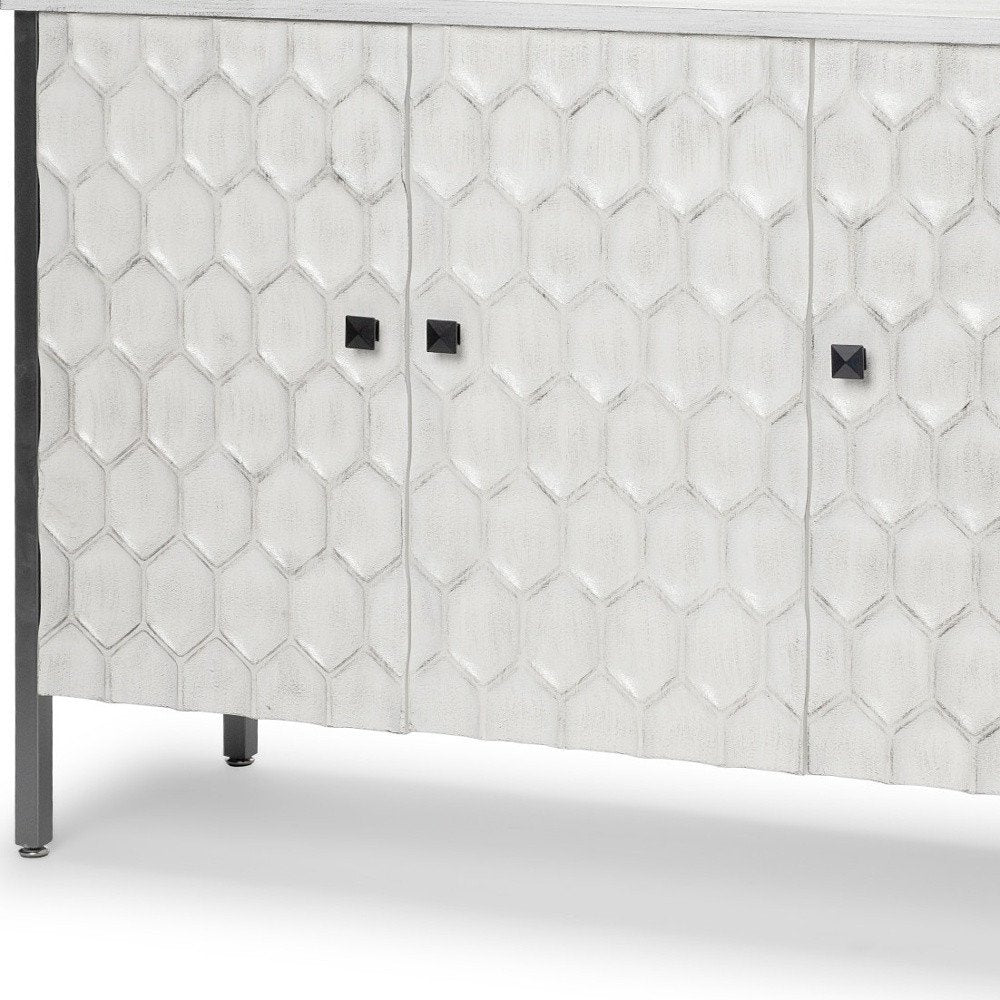 White and Gray Wood and Metal Carved Geometric Accent Cabinet with Three Doors