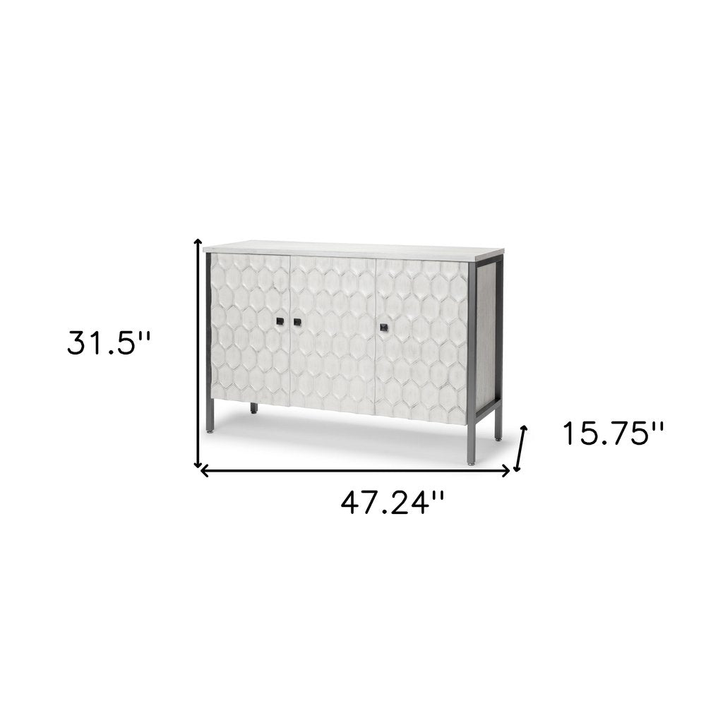 White and Gray Wood and Metal Carved Geometric Accent Cabinet with Three Doors