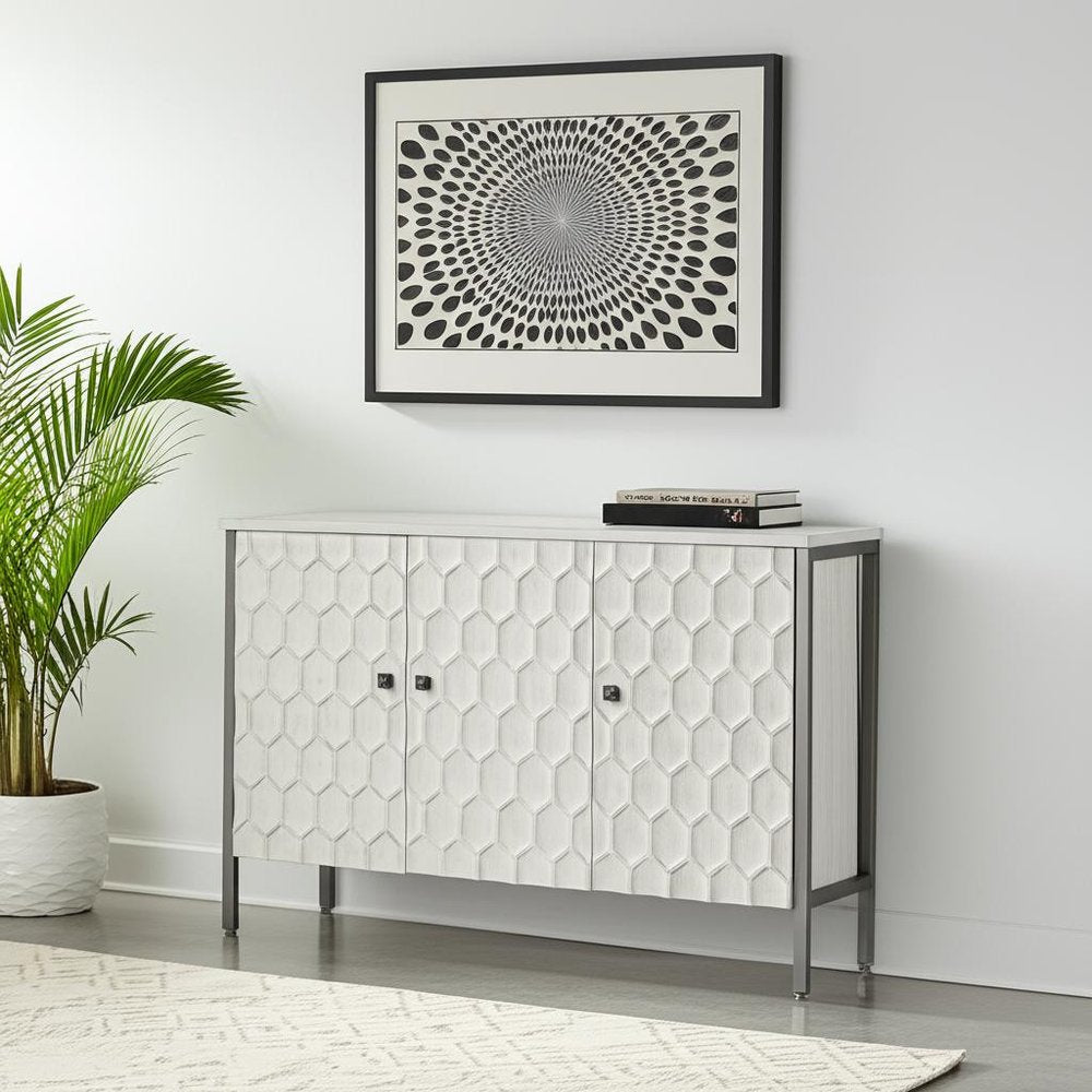 White and Gray Wood and Metal Carved Geometric Accent Cabinet with Three Doors