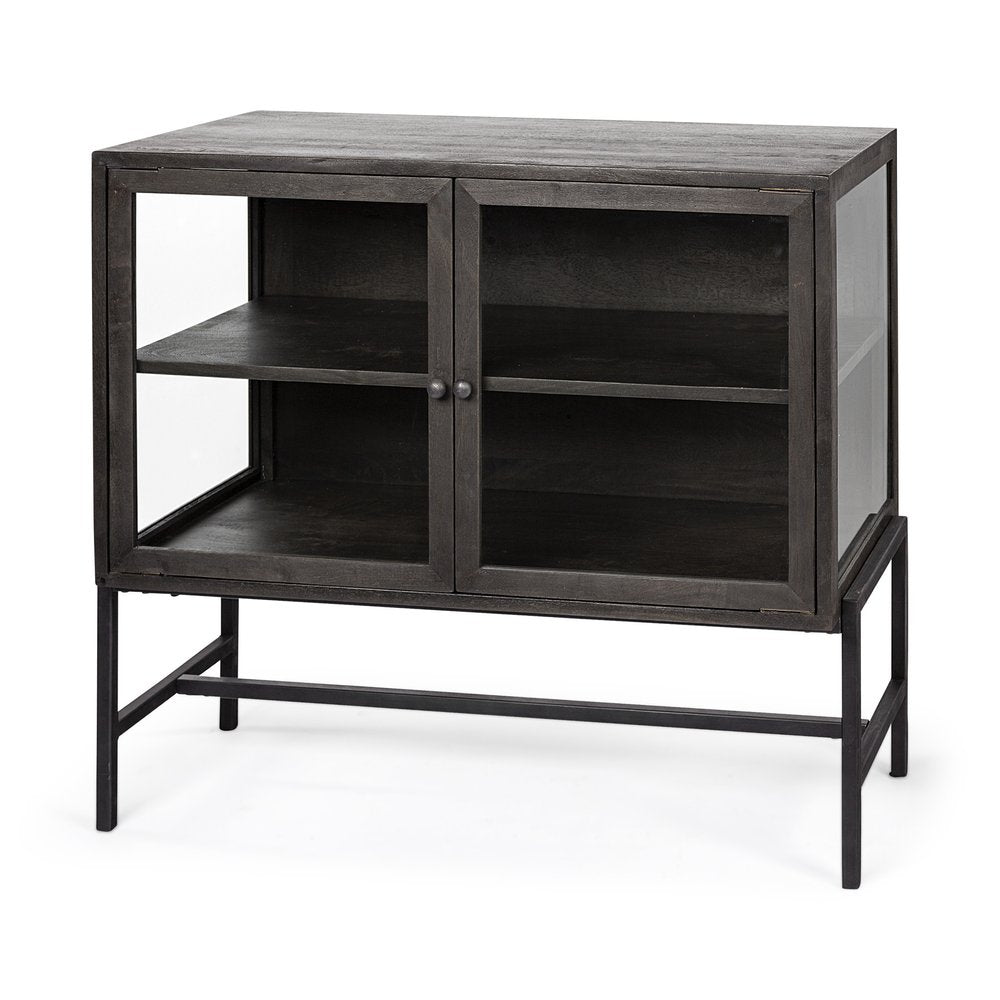 Brown and Black Solid Wood and Metal Display Cabinet with Two Doors - 36-inch