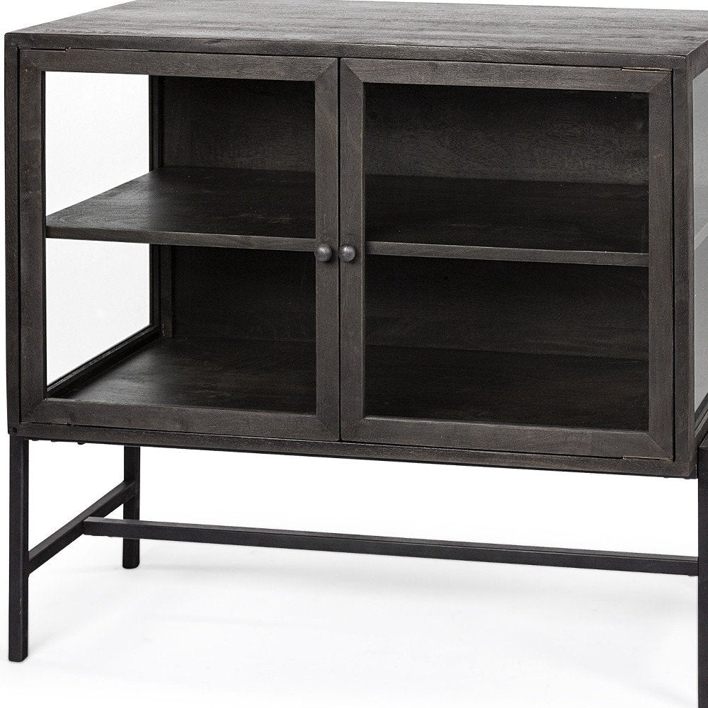 Brown and Black Solid Wood and Metal Display Cabinet with Two Doors - 36-inch