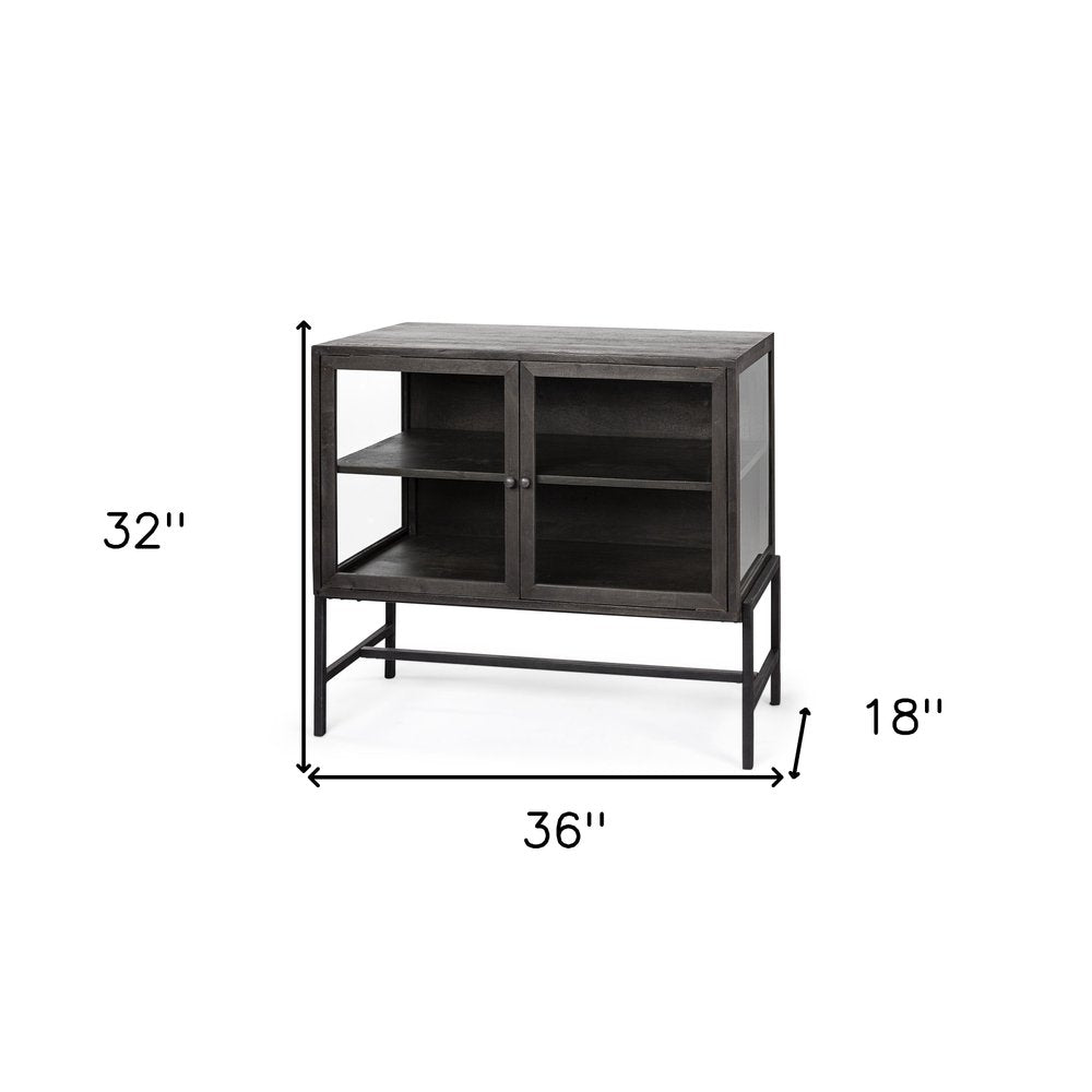 Brown and Black Solid Wood and Metal Display Cabinet with Two Doors - 36-inch