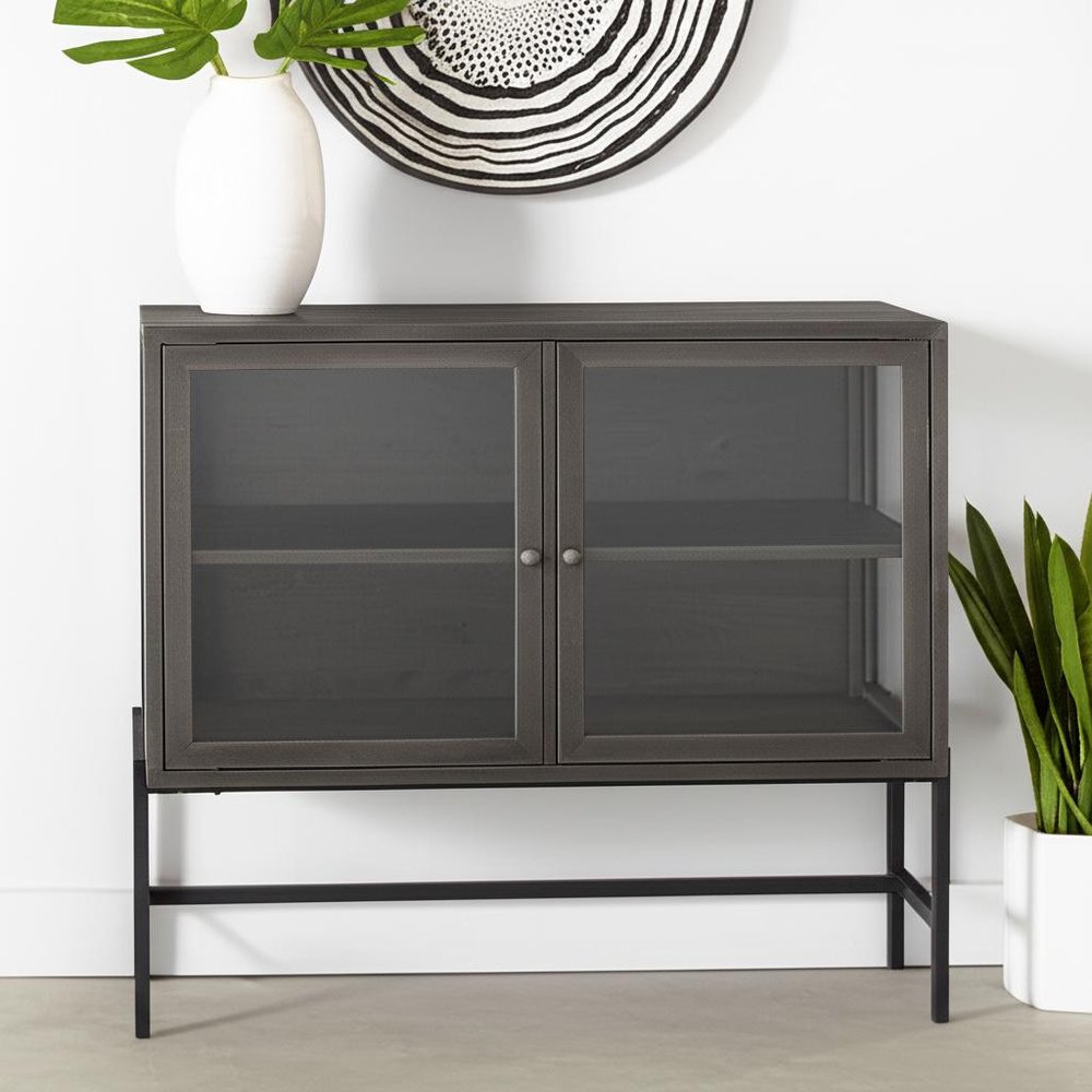 Brown and Black Solid Wood and Metal Display Cabinet with Two Doors - 36-inch