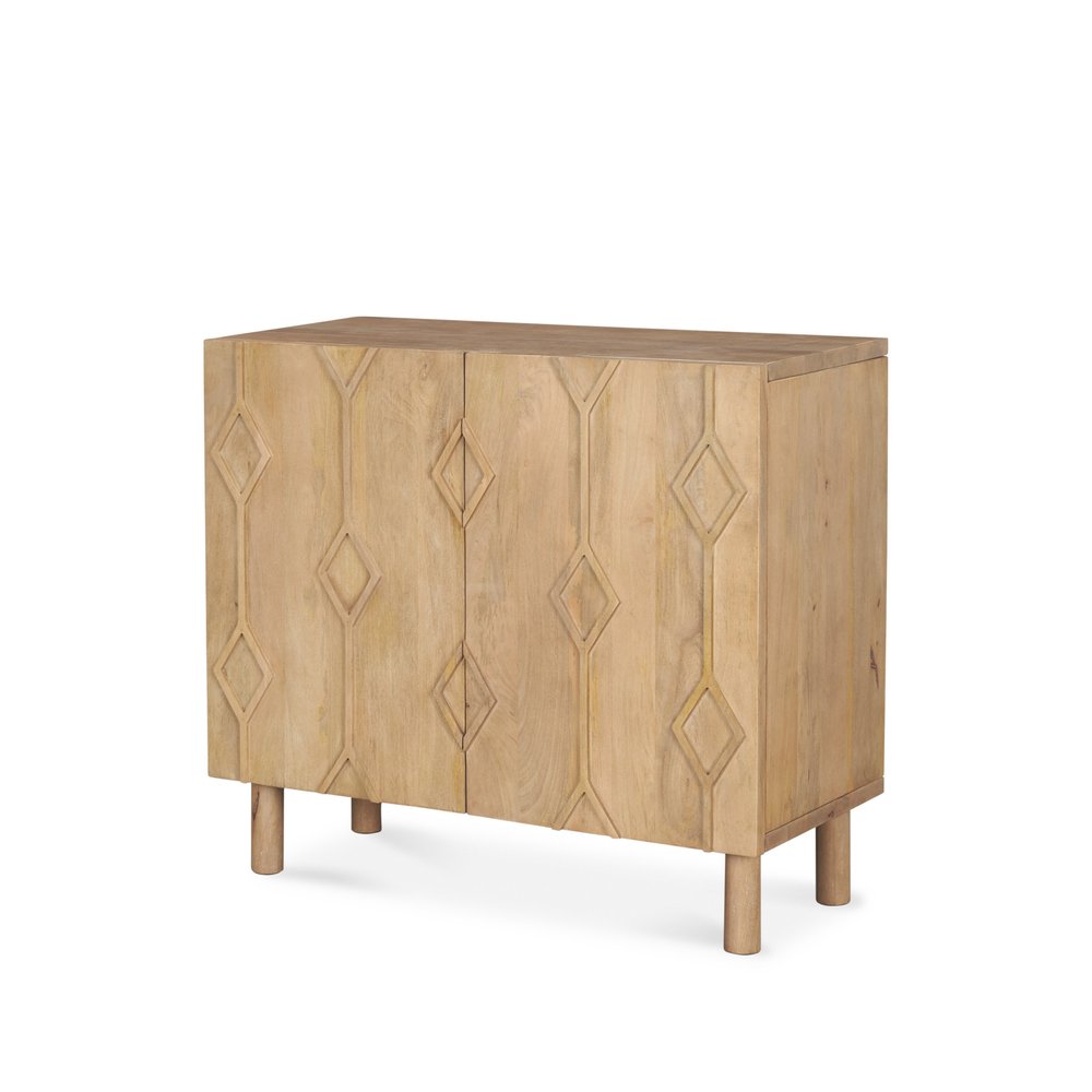 Natural Solid Wood Carved Geometric Accent Cabinet with Two Doors - 36-inch