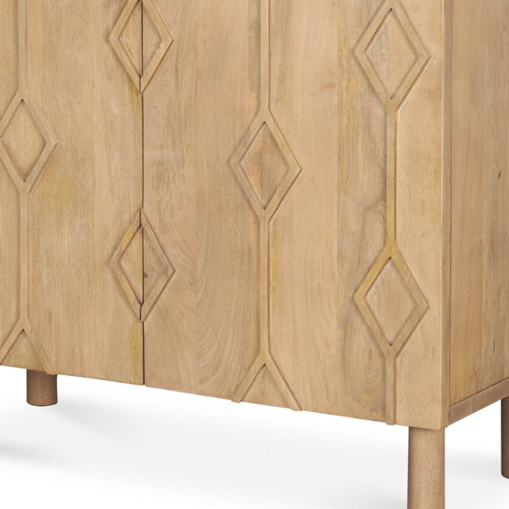 Natural Solid Wood Carved Geometric Accent Cabinet with Two Doors - 36-inch