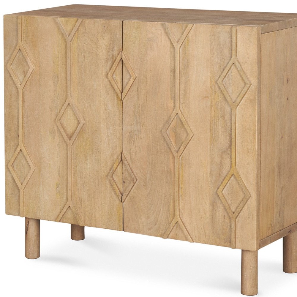 Natural Solid Wood Carved Geometric Accent Cabinet with Two Doors - 36-inch