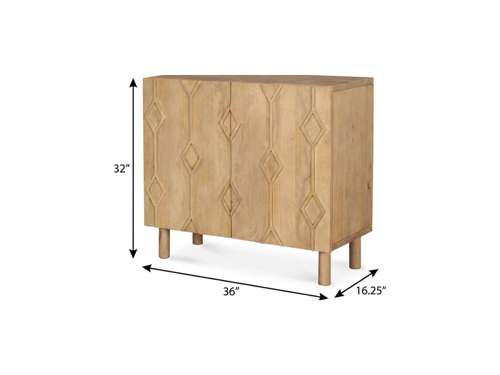 Natural Solid Wood Carved Geometric Accent Cabinet with Two Doors - 36-inch
