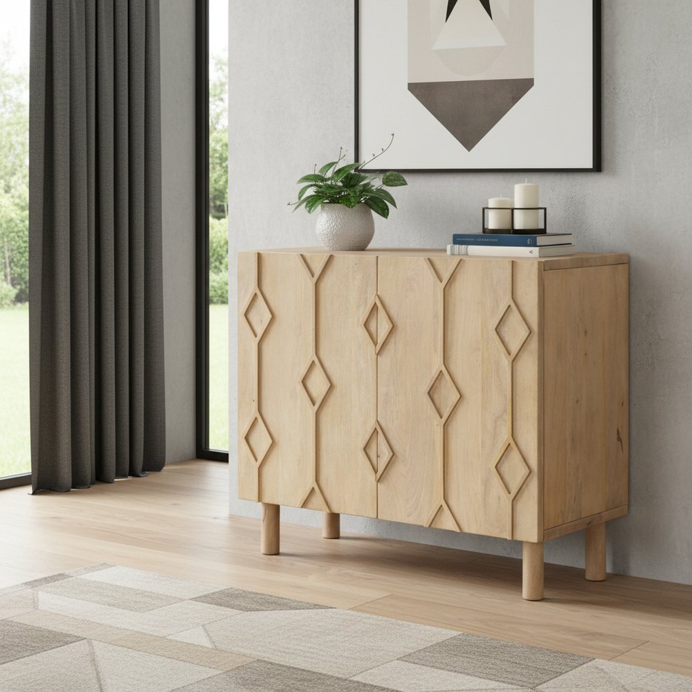 Natural Solid Wood Carved Geometric Accent Cabinet with Two Doors - 36-inch