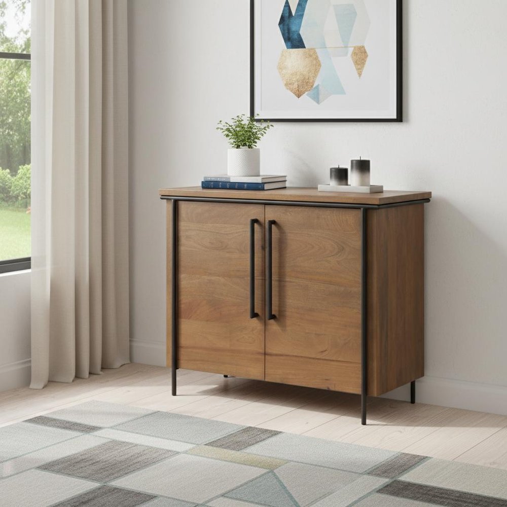 Brown and Black Solid Wood and Metal Accent Cabinet with Two Doors - 40-inch