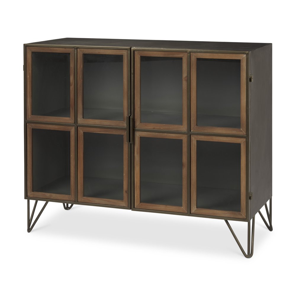 Antiqued Brass and Brown Metal and Solid Wood Accent Cabinet with Two Doors