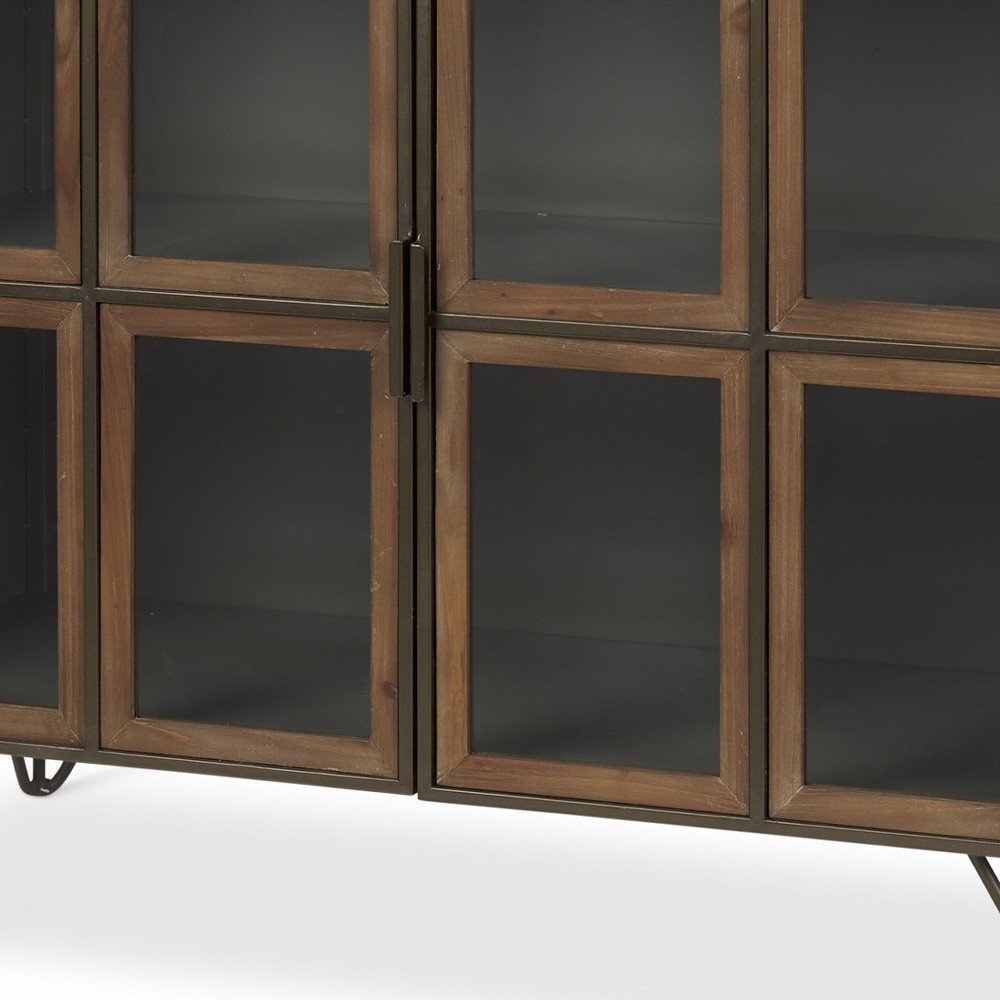 Antiqued Brass and Brown Metal and Solid Wood Accent Cabinet with Two Doors